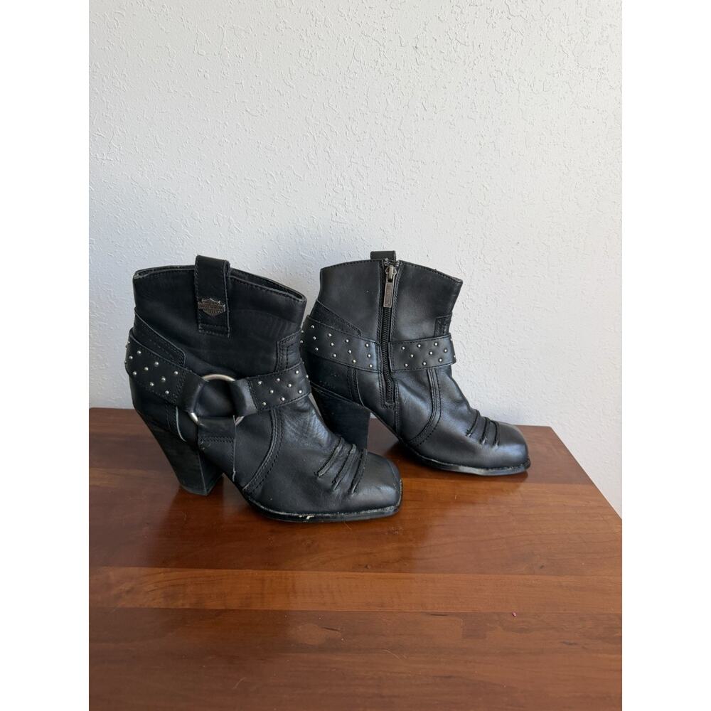Harley Davidson Black Studded Belt Square Toe Heeled Ankle Riding Boot Women 7.5